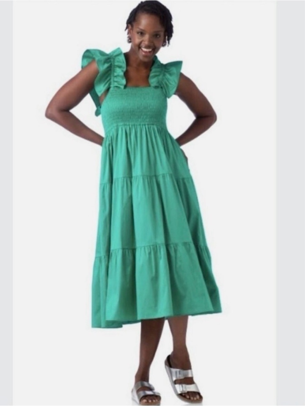 Crosby by Mollie Burch teal smocked tiered dress, size L